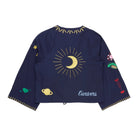 Navy blue jacket with celestial designs and 'univers' text on a white background