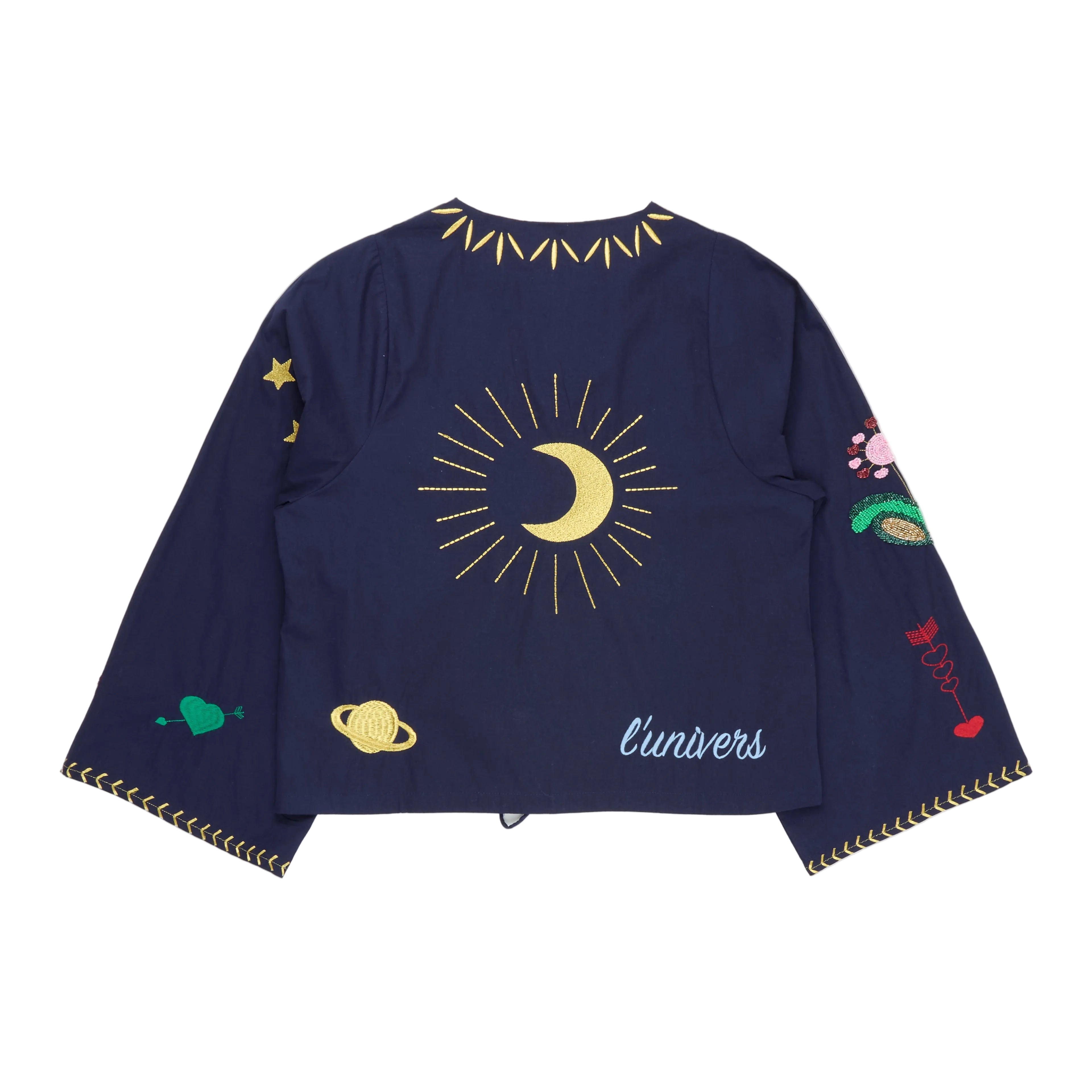 Navy blue jacket with celestial designs and 'univers' text on a white background