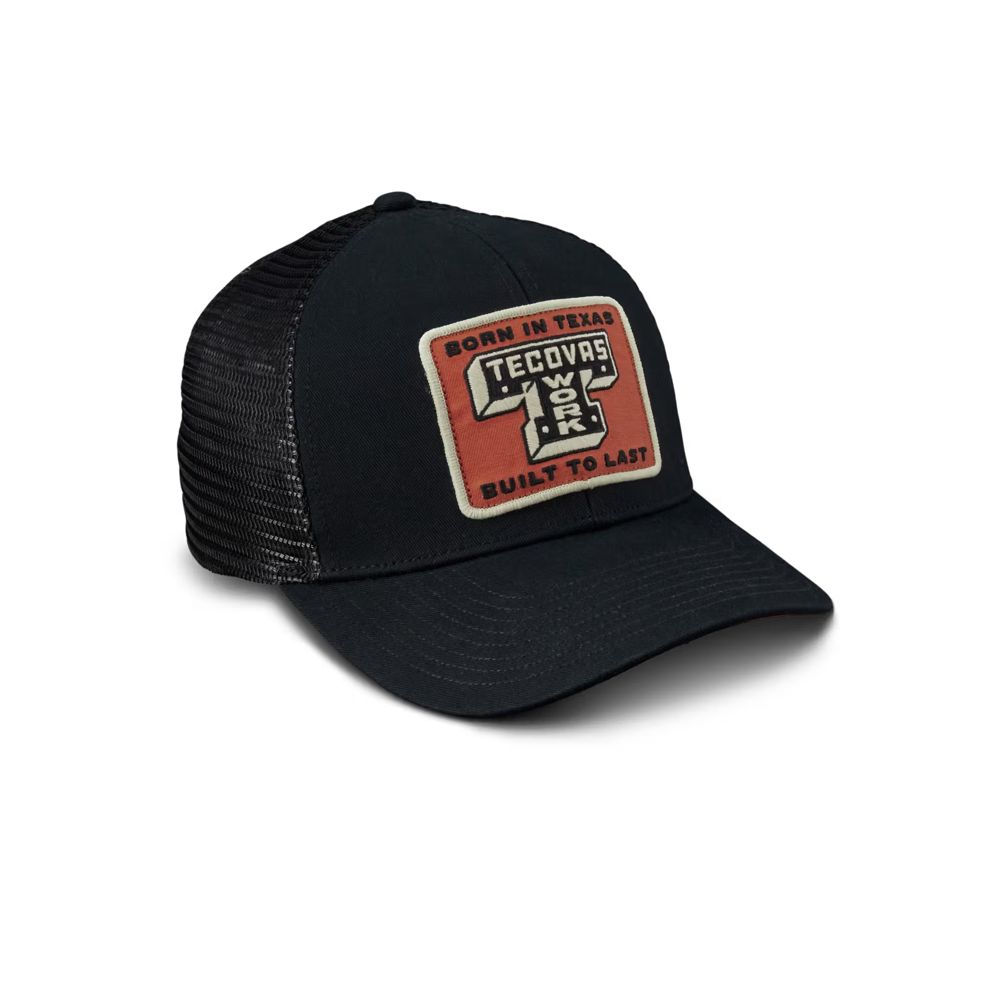 Black trucker cap with a red and beige patch on a white background
