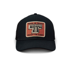 Black cap with a red and white patch on a white background