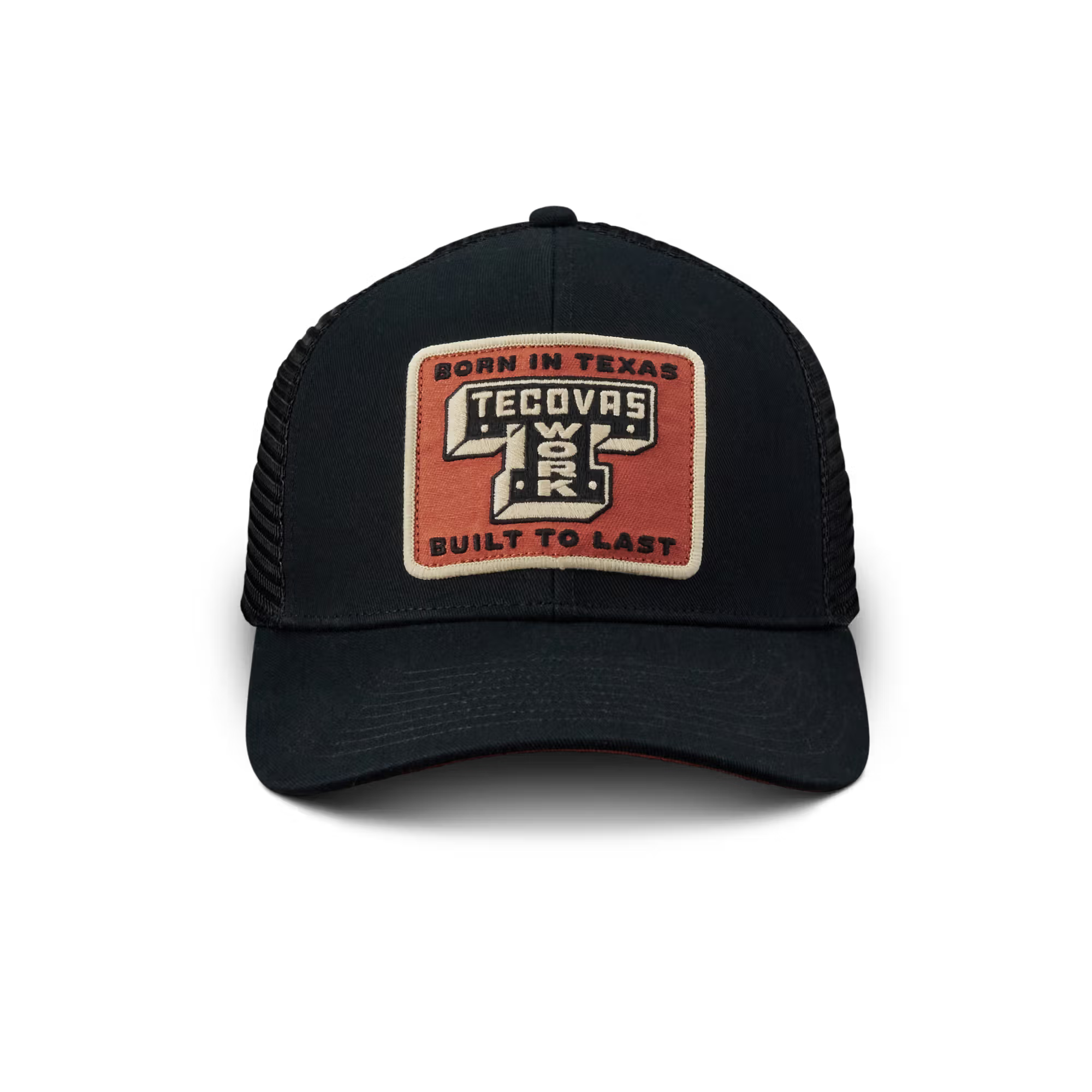 Black cap with a red and white patch on a white background