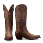 Pair of brown cowboy boots with intricate designs on a white background