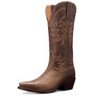 Brown cowboy boot with intricate embossing on a white background