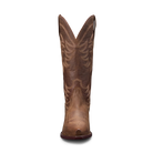 Brown cowboy boot with intricate design on a white background