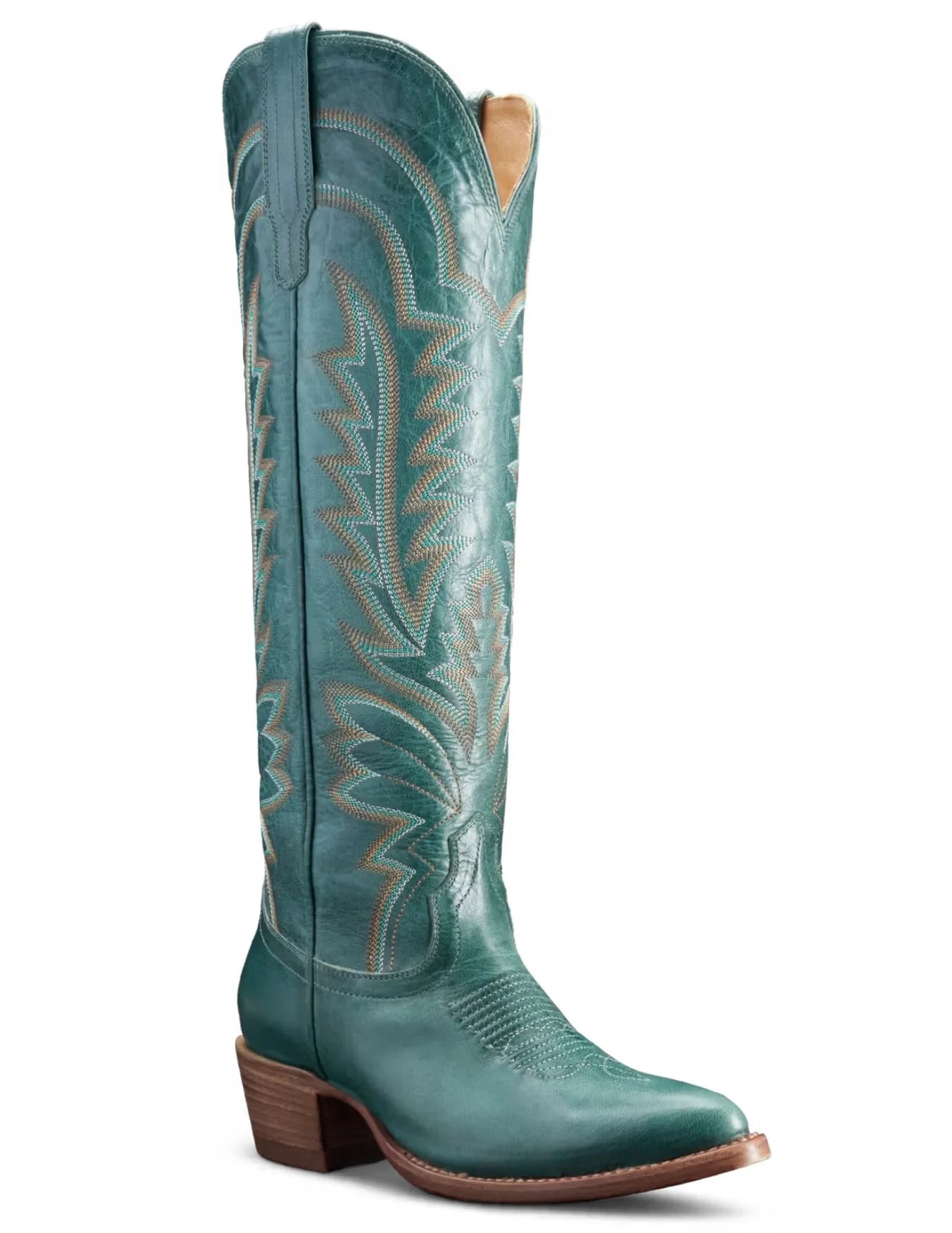 Teal cowboy boot with intricate designs on a white background