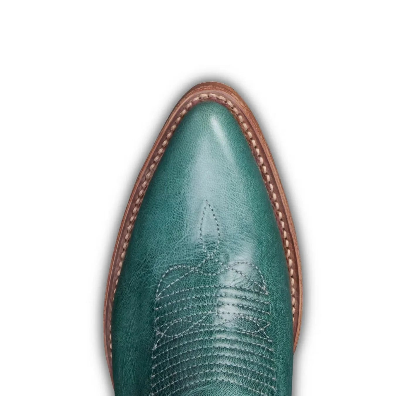 Teal cowboy boot with brown leather trim on a white background