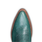 Teal cowboy boot with brown leather trim on a white background