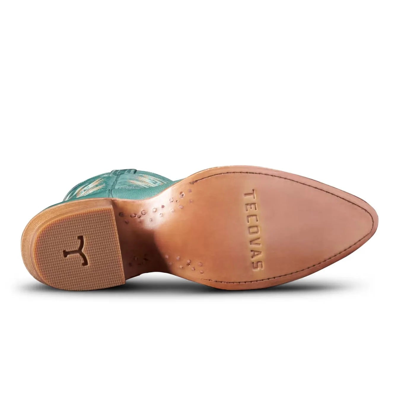 Close-up of a shoe sole with 'Tecovas' branding on a white background