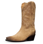 Tan cowboy boot with intricate stitching on a white background