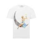 T-shirt with a design of a woman sitting on a moon, holding a candle, on a white background.