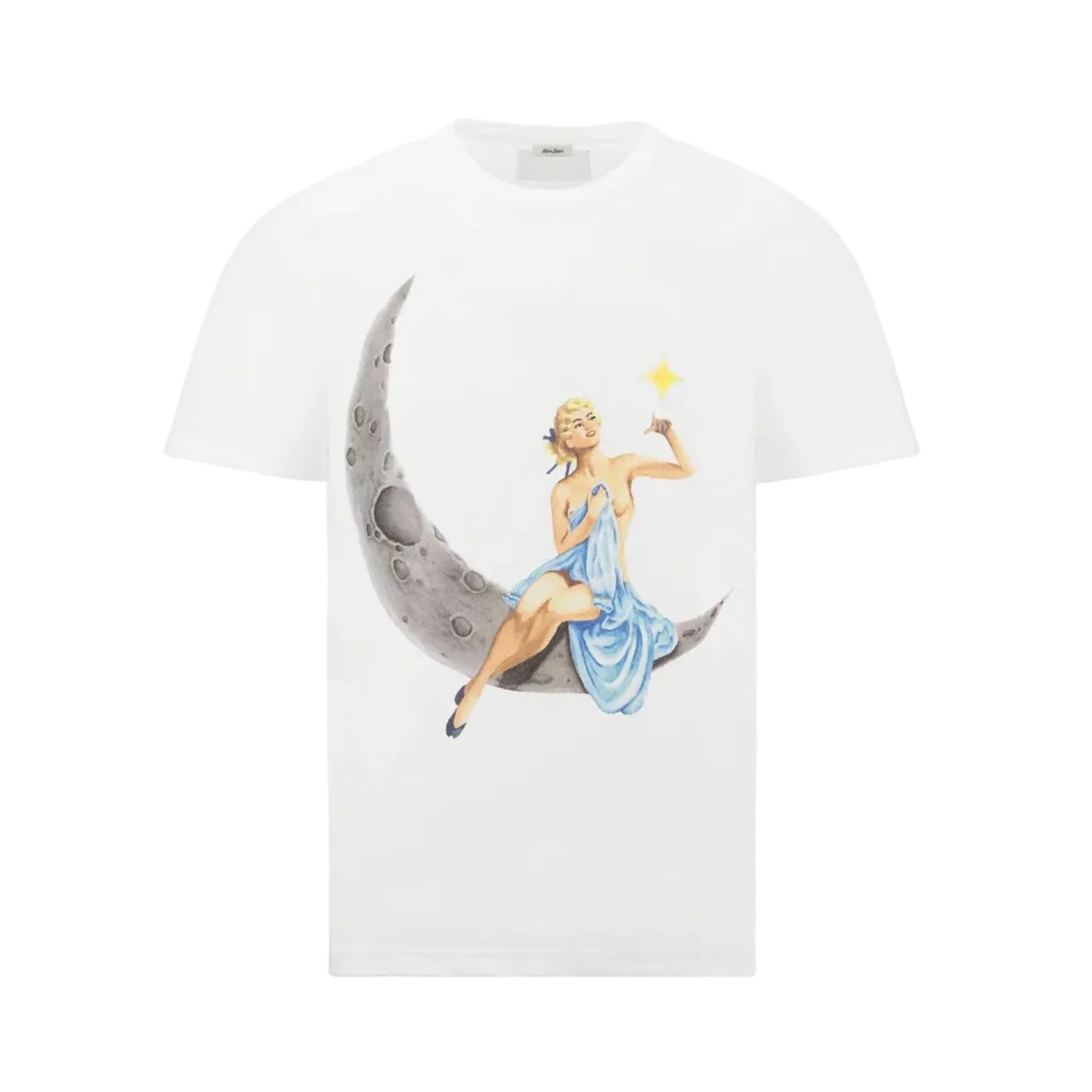 T-shirt with a design of a woman sitting on a moon, holding a candle, on a white background.