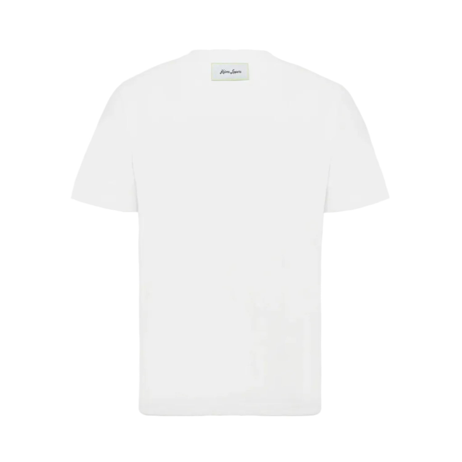 White t-shirt with a brand label on a white background
