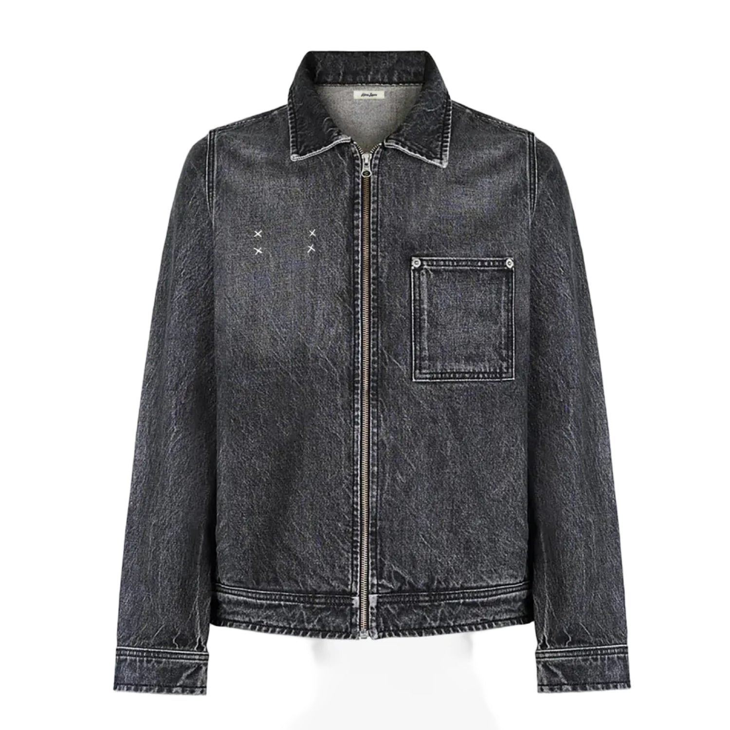 Black denim jacket on a white background