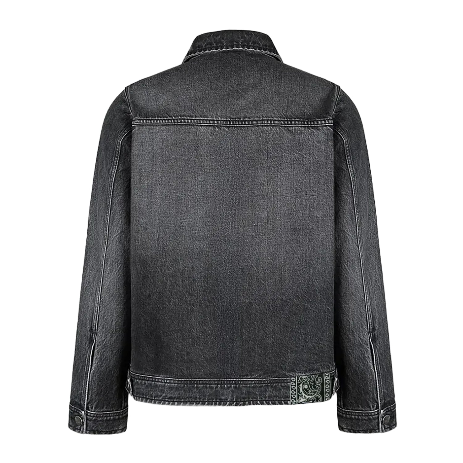 Black denim jacket on a white background