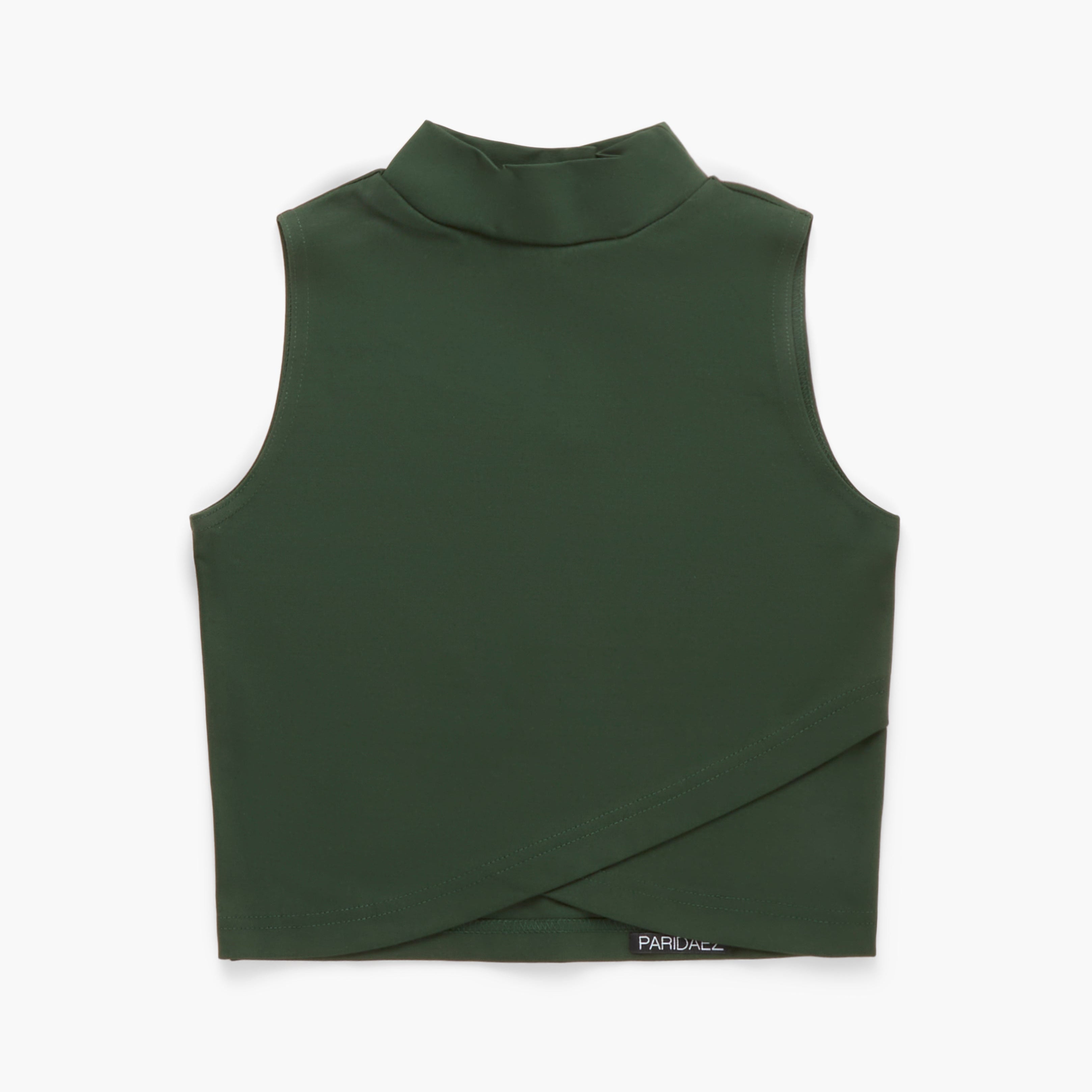 Green sleeveless top with a high collar on a white background