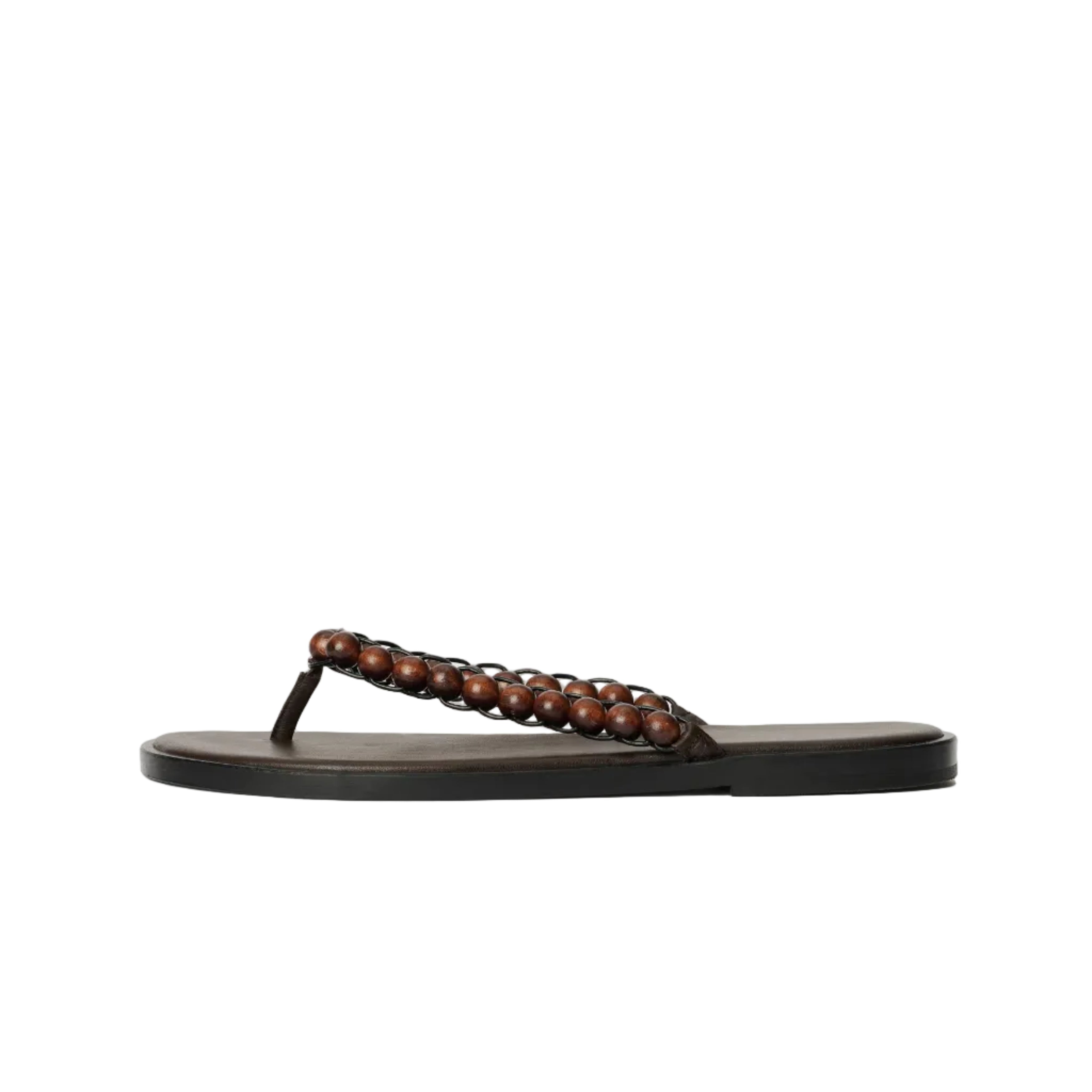 Brown sandal with brown beaded strap on a white background