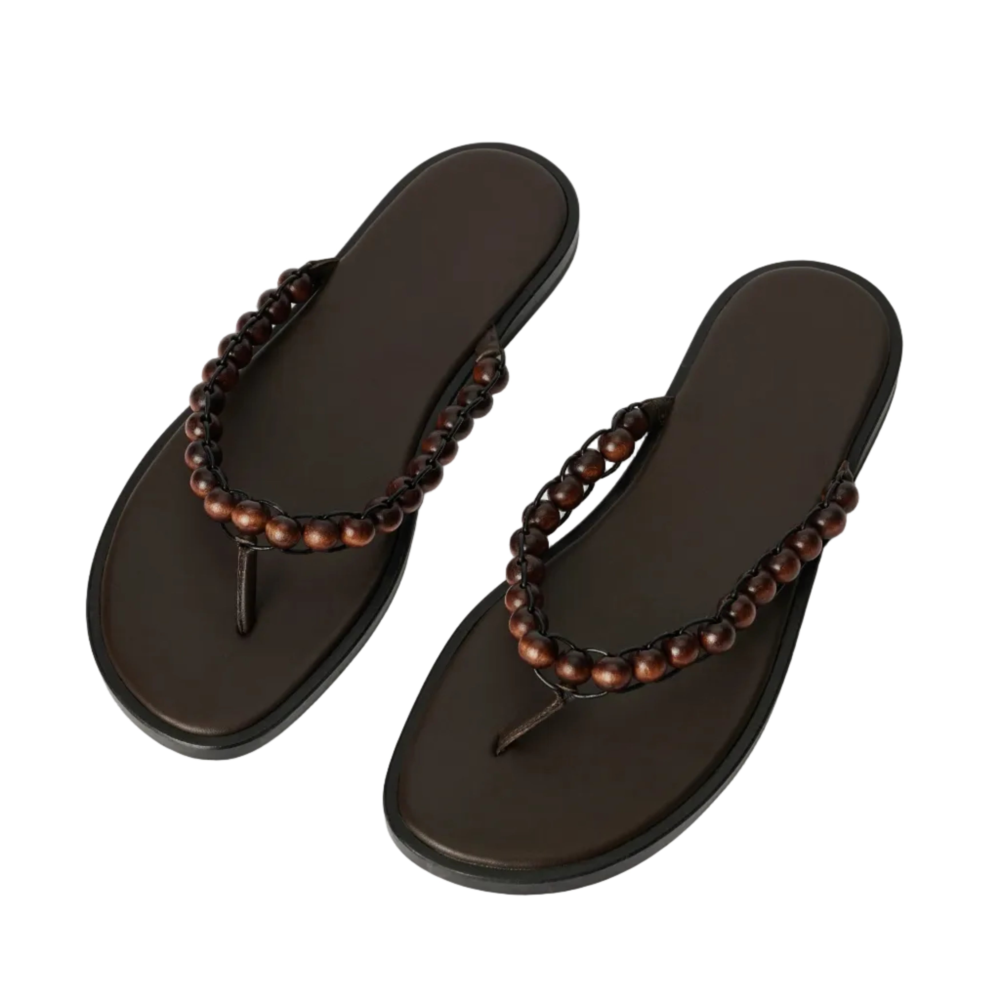 Pair of black sandals with brown beaded straps on a white background