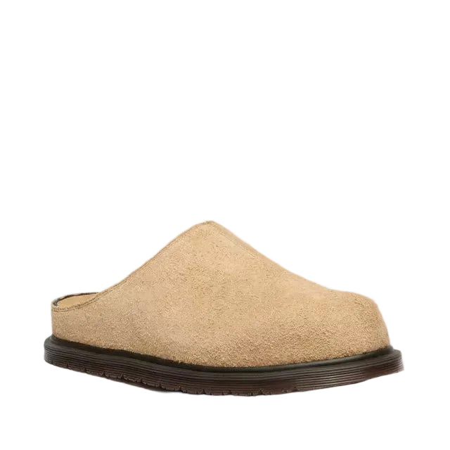 Tan mules on a white background