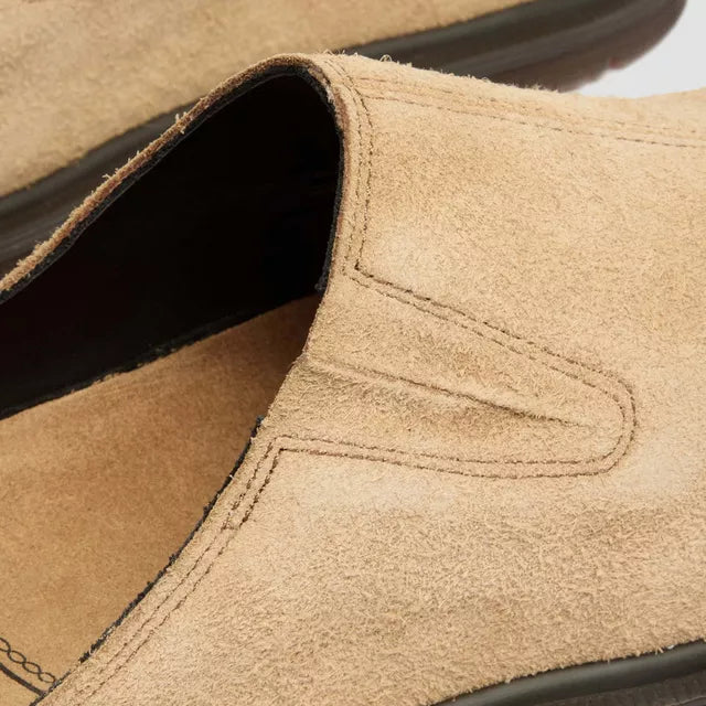 Close up of tan mules on a white background