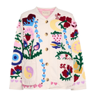 Colorful jacket with floral and abstract patterns on a white background