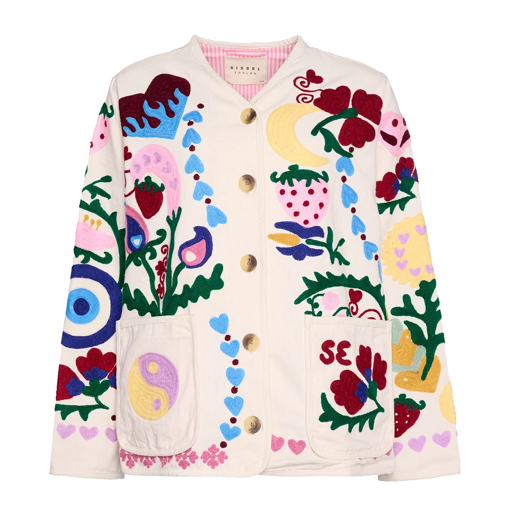 Colorful jacket with floral and abstract patterns on a white background
