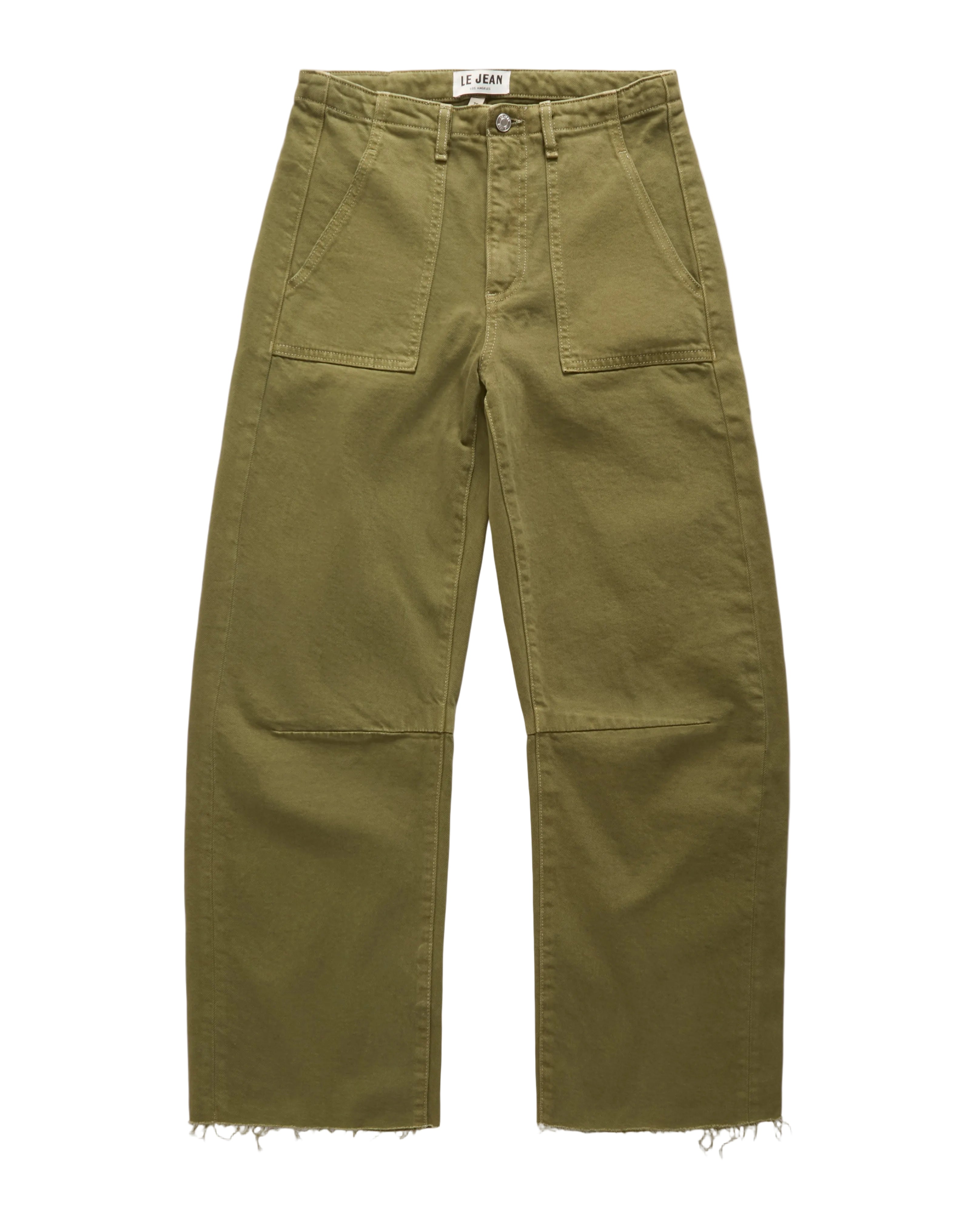 Olive green wide-leg cargo pants with a raw, frayed hem, laid flat against a light gray background.