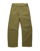 Olive green cropped pants shown from the back, featuring two large patch pockets, a button closure, and a raw, frayed hem.