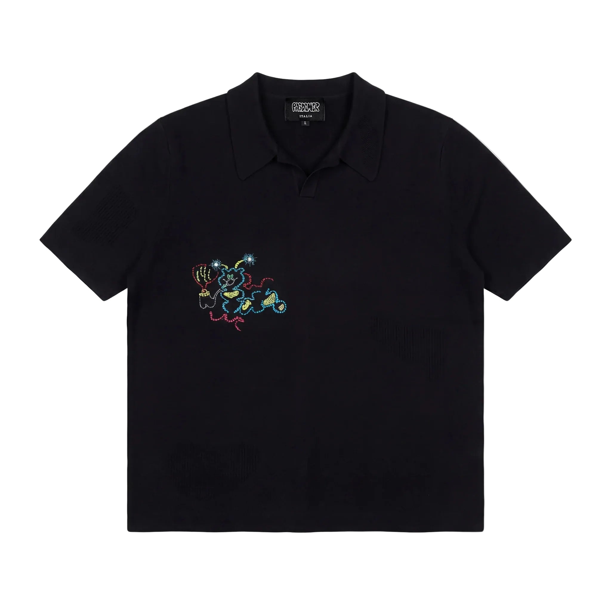 Black polo shirt with colorful graphic on a white background