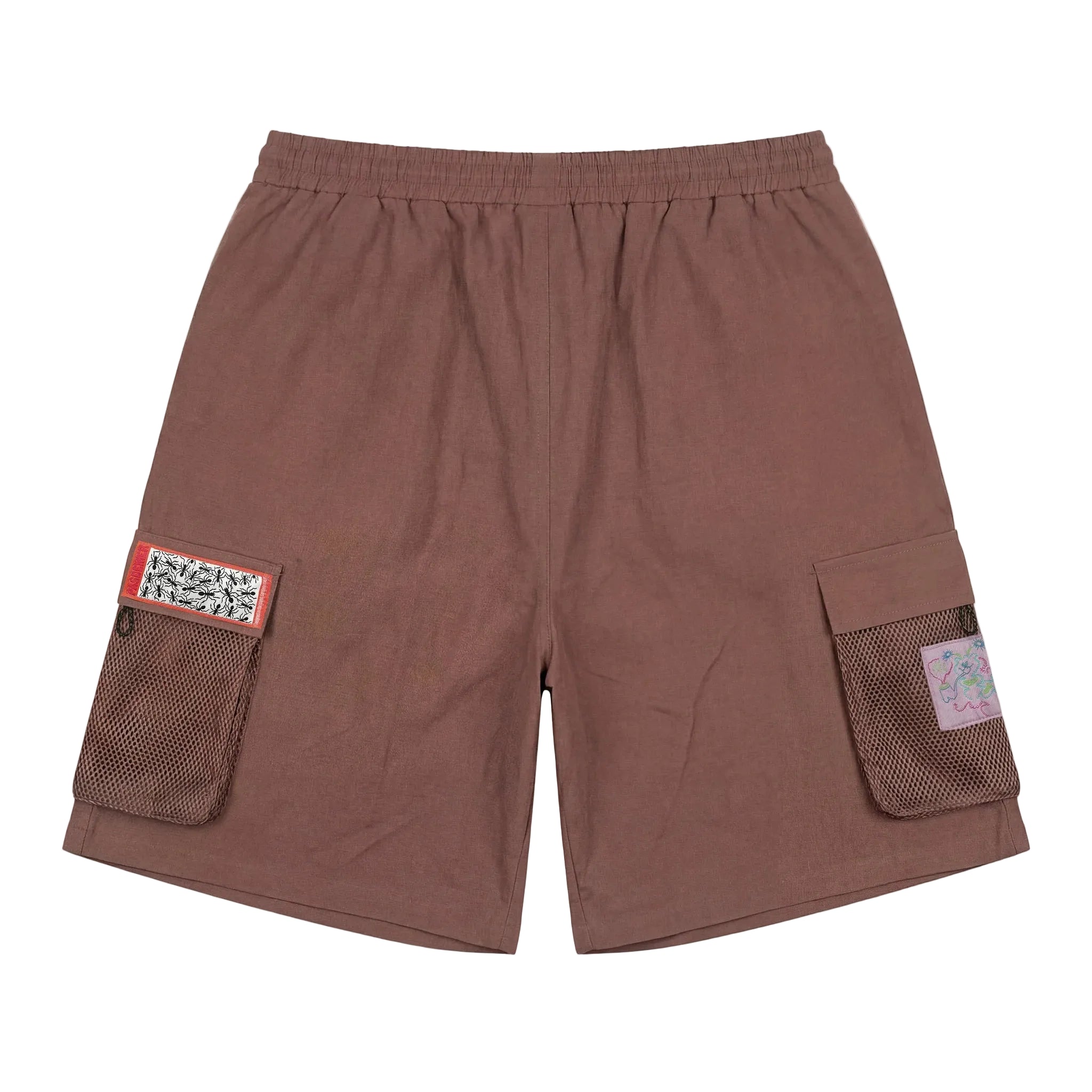 Brown shorts with two pockets on a white background