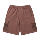 Brown cargo shorts with mesh pockets on a white background