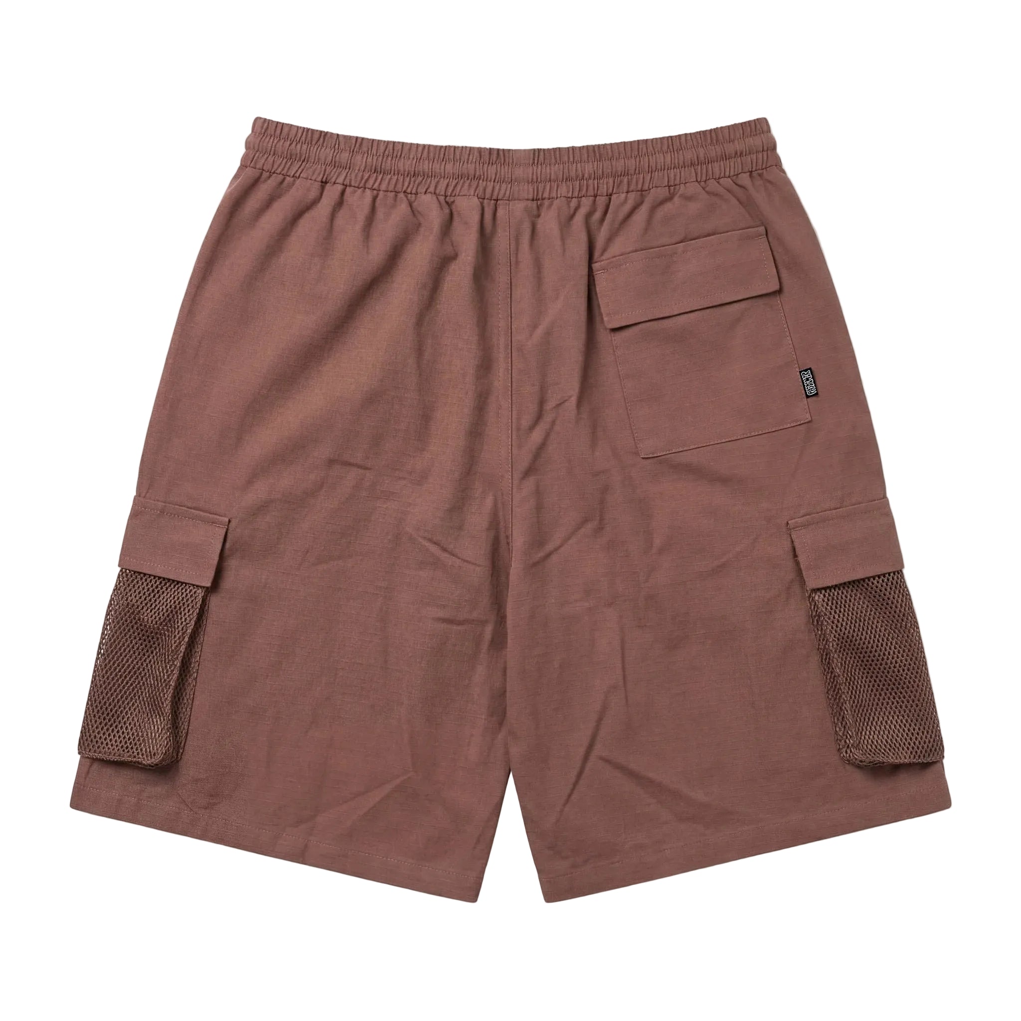 Brown cargo shorts with mesh pockets on a white background