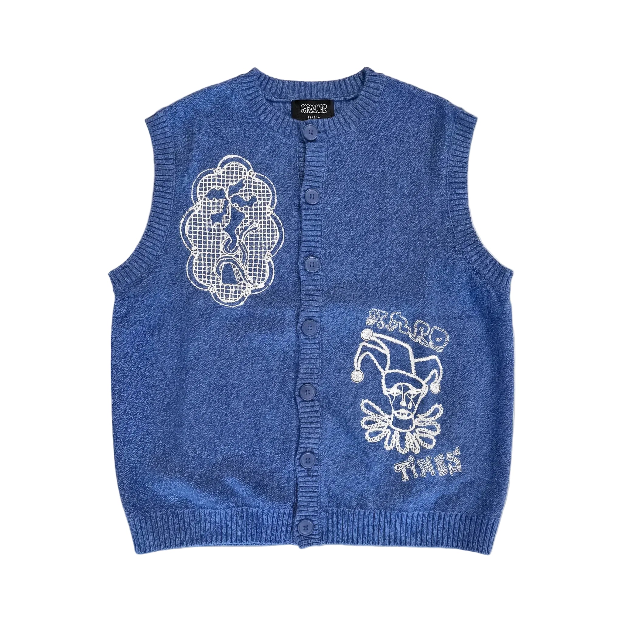 Blue knitted vest with white embroidery on a white background