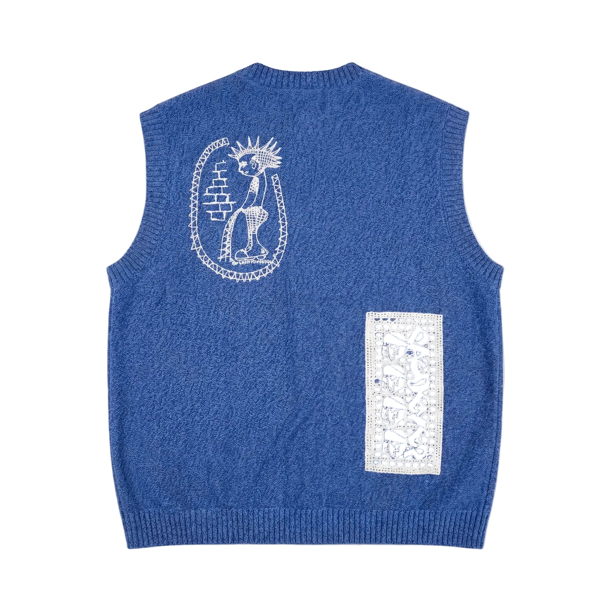 Blue knitted vest with white embroidered designs on a white background