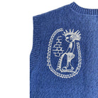 Blue sweater with white embroidered design on a white background