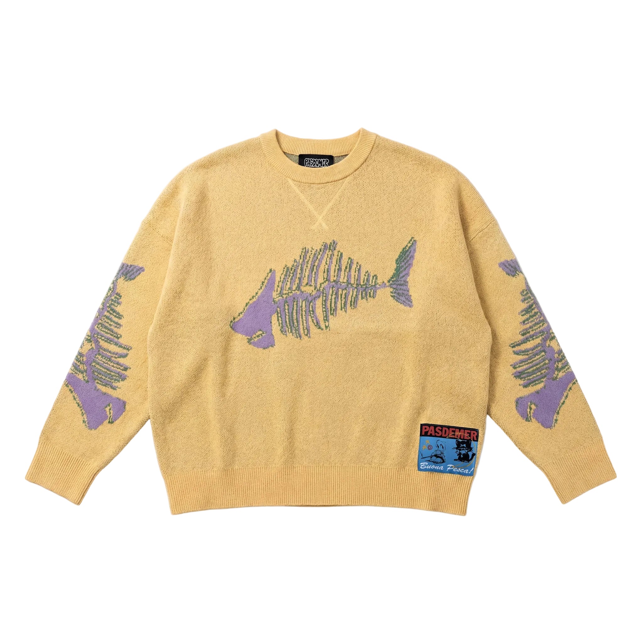 Yellow sweater with fishbone designs on sleeves against a white background