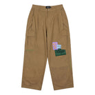 Brown cargo pants with patches on a white background