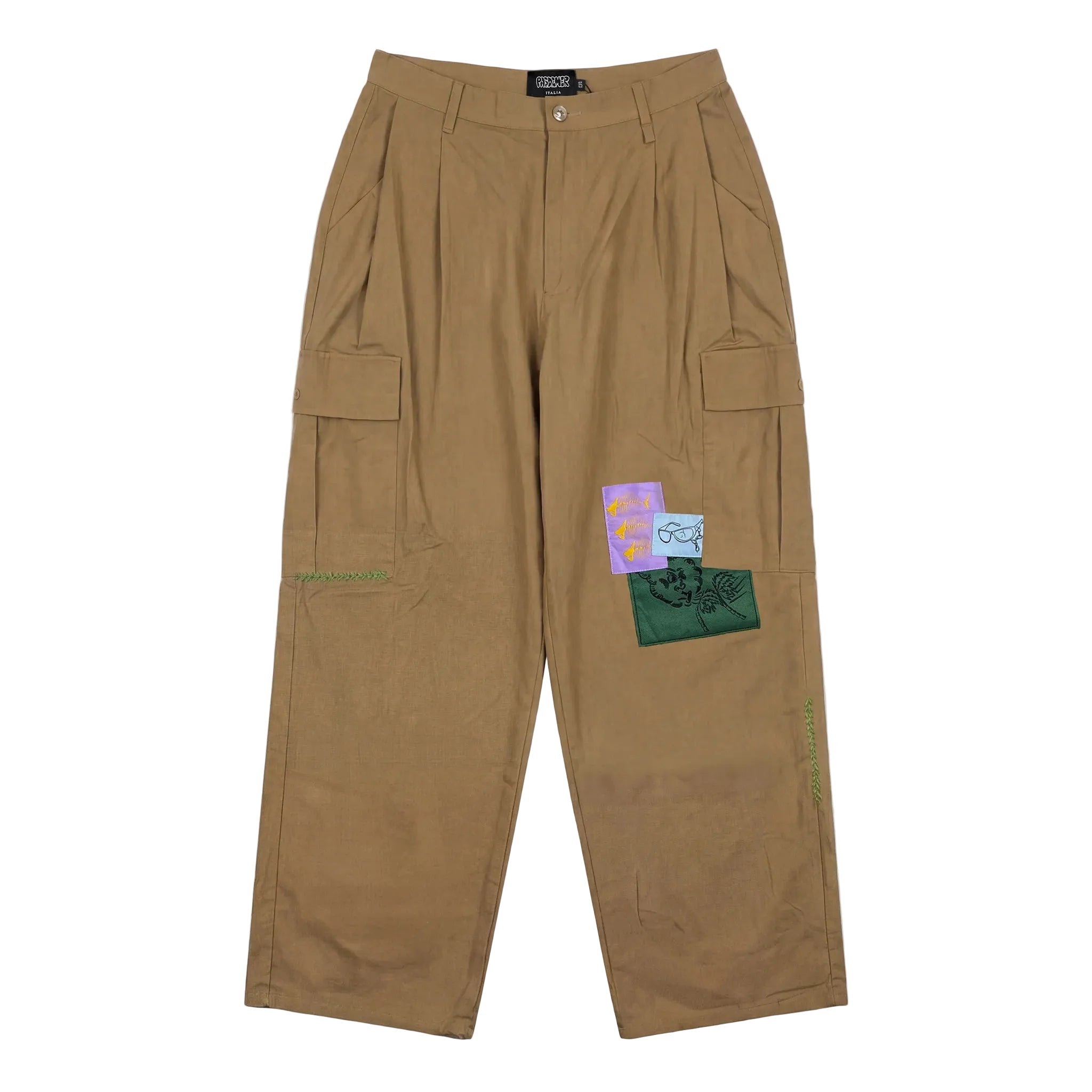 Brown cargo pants with patches on a white background