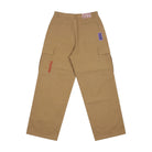 Tan pants with embroidered designs on a white background