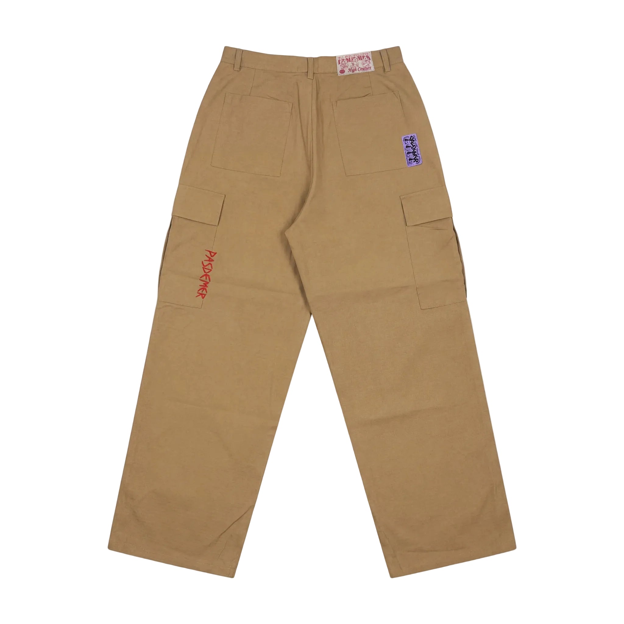 Tan pants with embroidered designs on a white background