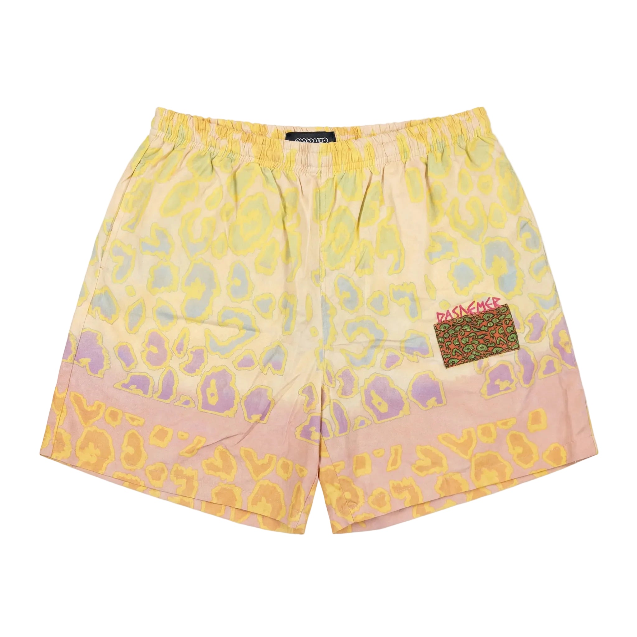 Yellow and pink patterned shorts with a brand logo on a white background