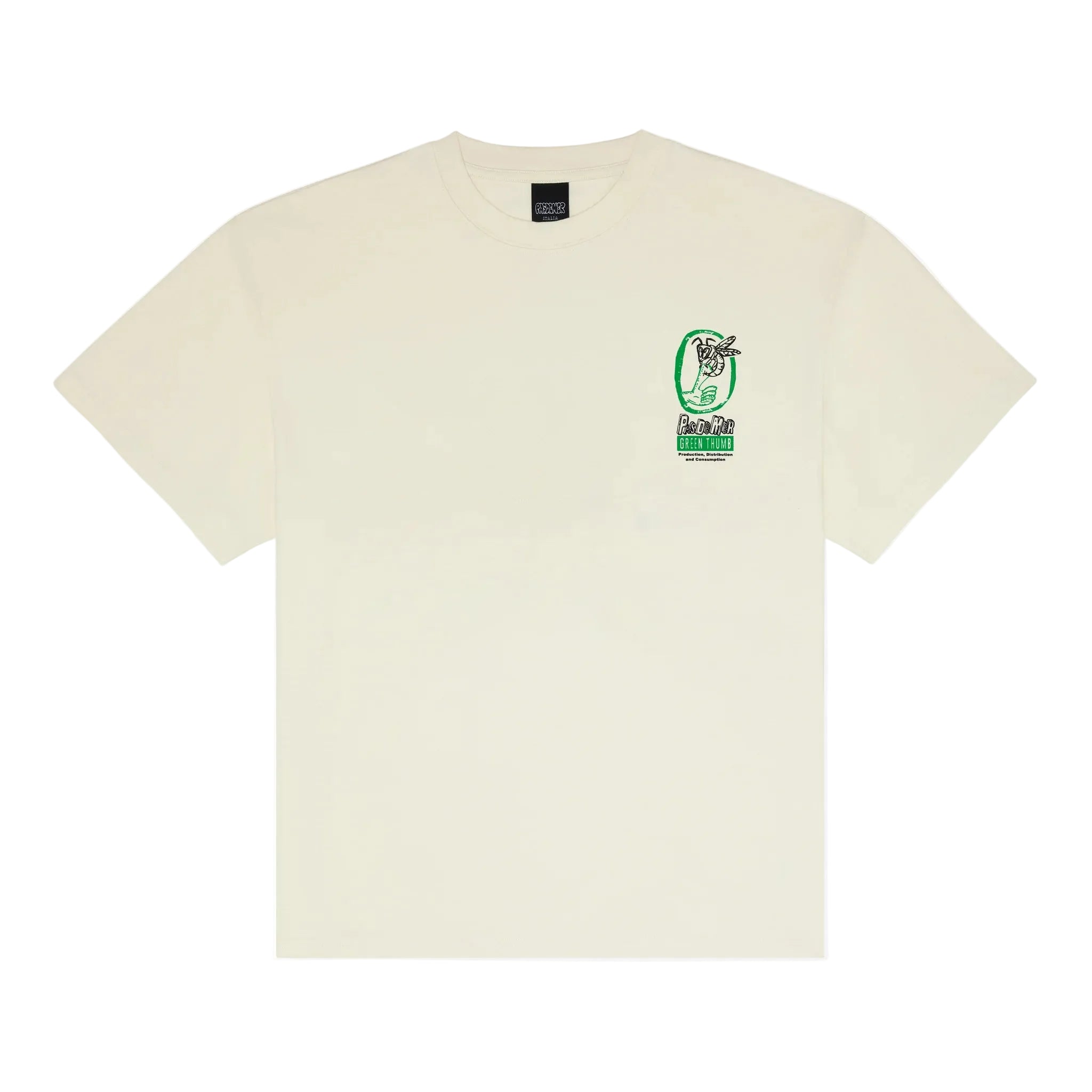Beige t-shirt with a green graphic on the chest against a white background
