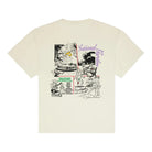 Beige t-shirt with graphic design on a white background