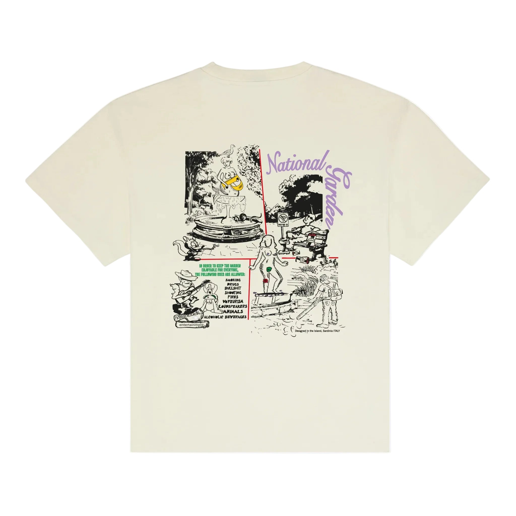 Beige t-shirt with graphic design on a white background