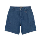 Blue denim shorts on a white background