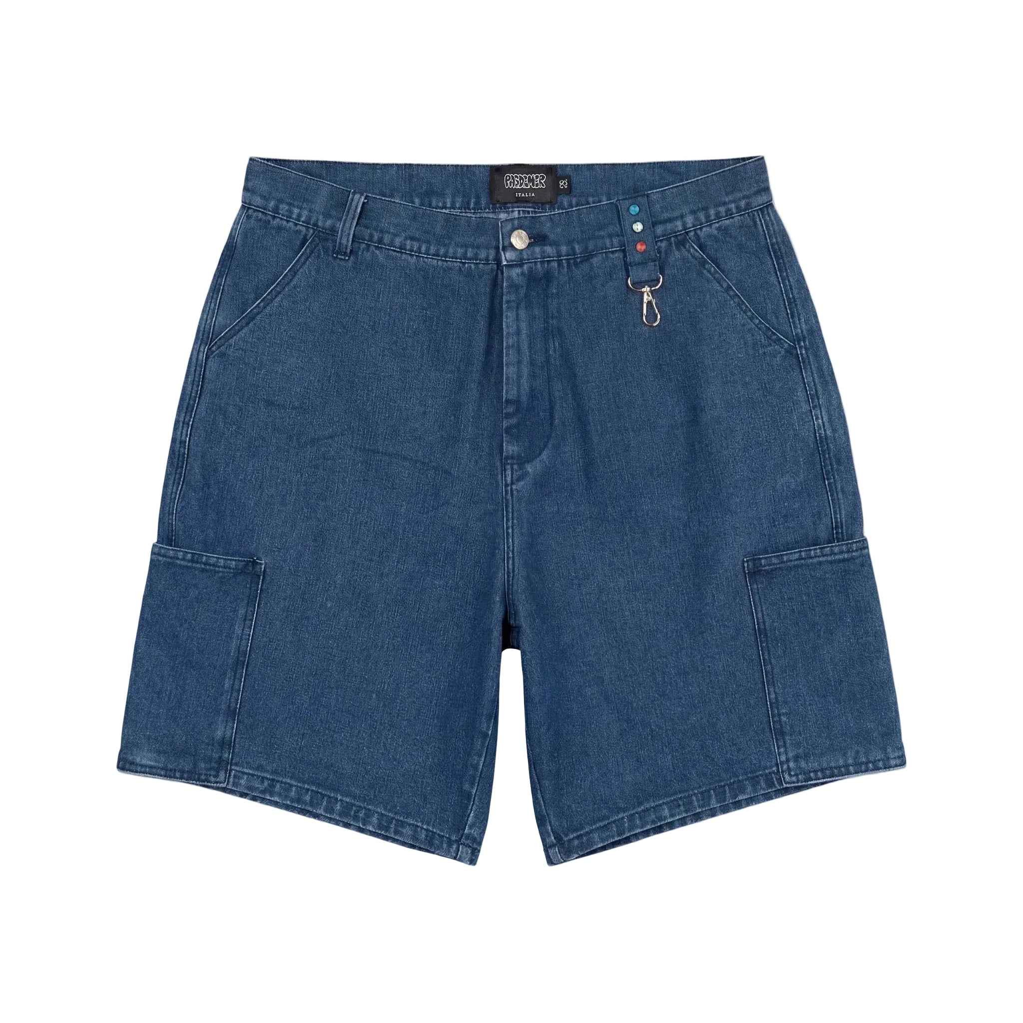 Blue denim shorts on a white background