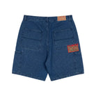 Blue denim shorts with a patch on the back pocket on a white background