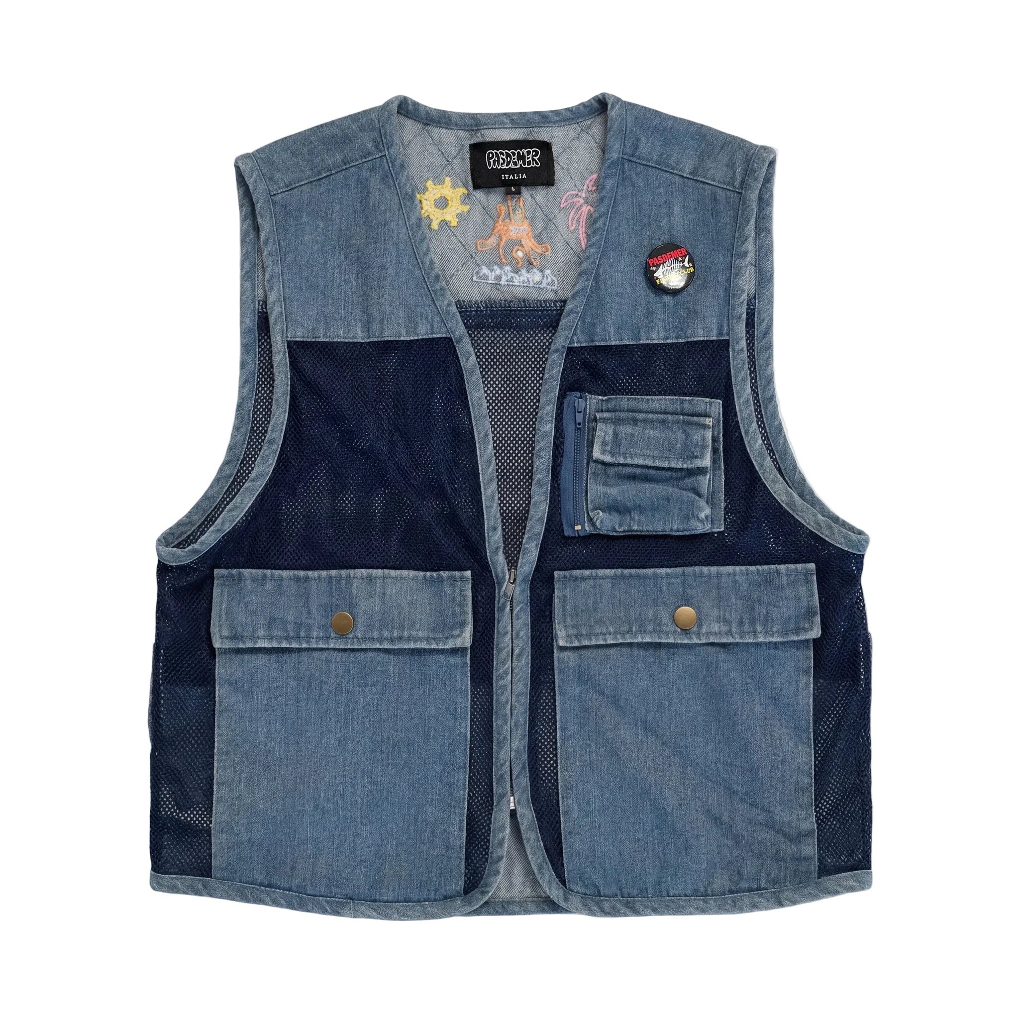 Blue denim vest with patches on a white background