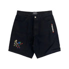 Black shorts with colorful embroidery on a white background