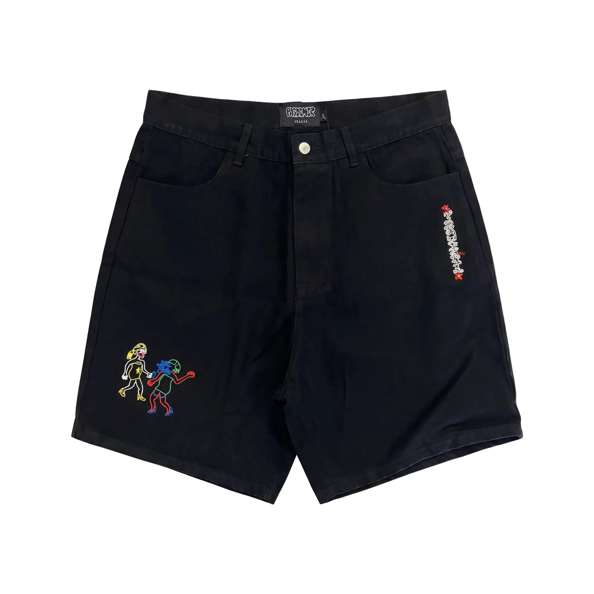 Black shorts with colorful embroidery on a white background