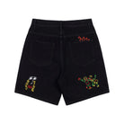 Black shorts with colorful embroidered designs on a white background